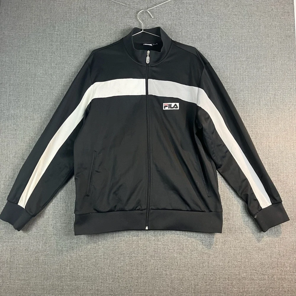 FILA Sport Track Jacket Black White Stripe Full Zip‎ Retro Athletic Mens Large